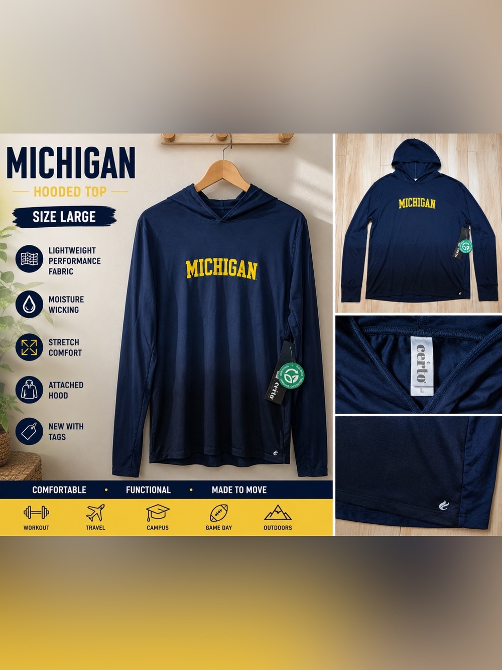 NWT Certo Michigan Wolverines Hooded Performance Top Size Large Navy Blue